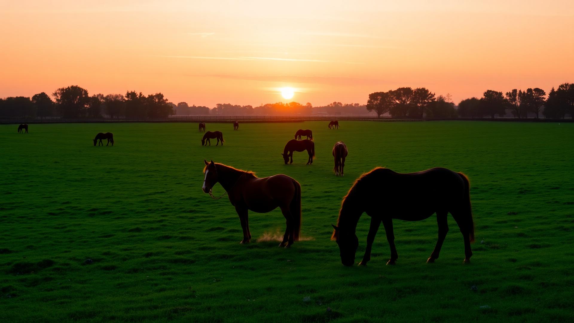 Paarden in de wei tijdens zonsondergang