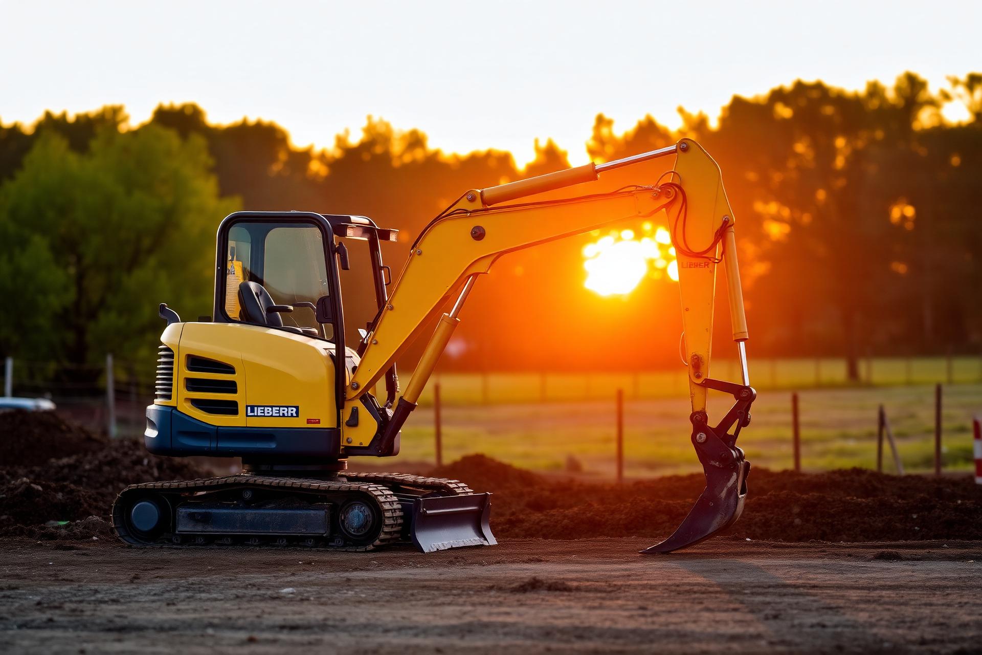 Mini-graver op een bouwplaats bij zonsondergang